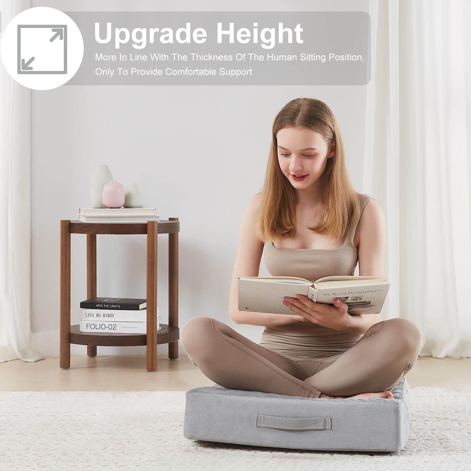 JKMAX 22 inches Floor Pillow for Adults - Large Meditation Cushion with Thick Foam & Soft Tufted Cover - Premium Outdoor Square Floor Cushion Seat - Yoga Pillows for Sitting On Floor - Light Gray - zenfulharmony.com
