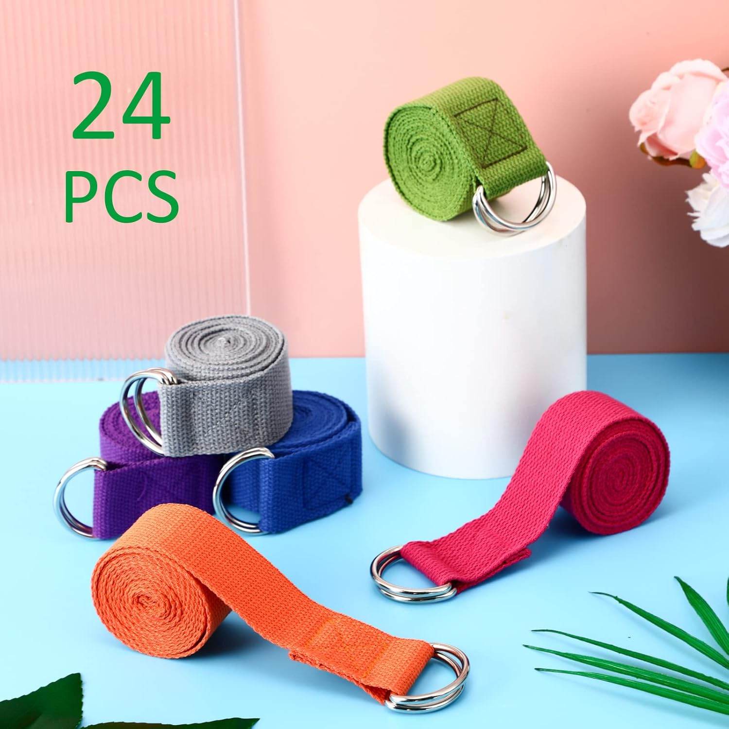 Leyndo 24 Pieces Yoga Strap Stretching Pilates Exercise Adjustable Straps 6 ft Non Elastic Yoga Belt with Adjustable D Ring Buckle for Pilates Gym Workouts Fitness - zenfulharmony.com