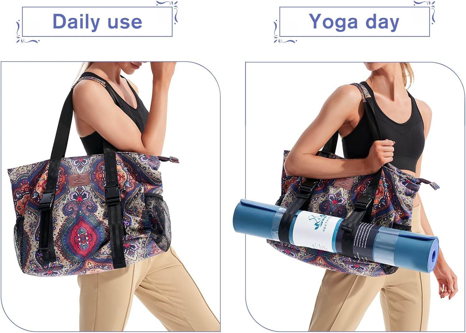 Heathyoga Multi-Functional Yoga Mat Carrier Gym Tote Bag - Large Mat Pocket, Women's Workout Bag - zenfulharmony.com