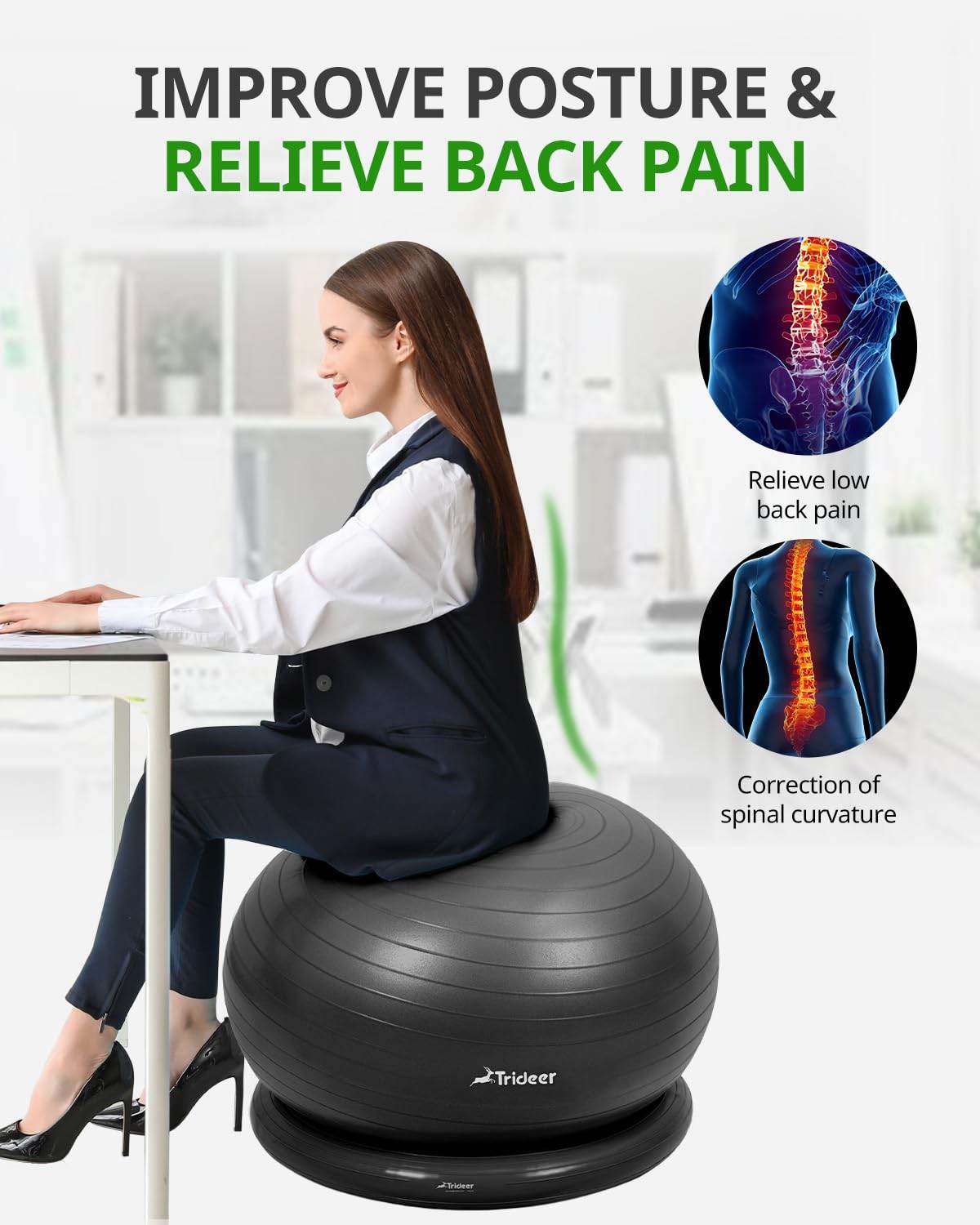 Trideer Ball Chair Yoga Ball Chair Exercise Ball Chair with Base & Bands for Home Gym Workout Ball for Abs, Stability Ball & Balance Ball Seat to Relieve Back Pain (XL(27-30ines/68-75cm), Black) - zenfulharmony.com