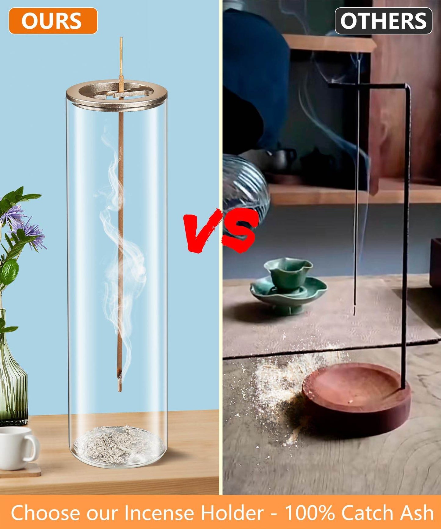 Incense Holder for Sticks [Anti-Ash Flying], Modern Insence-Stick Burner Holder with Removable Glass Ash Catcher, for Home Decor Yoga Meditation - zenfulharmony.com