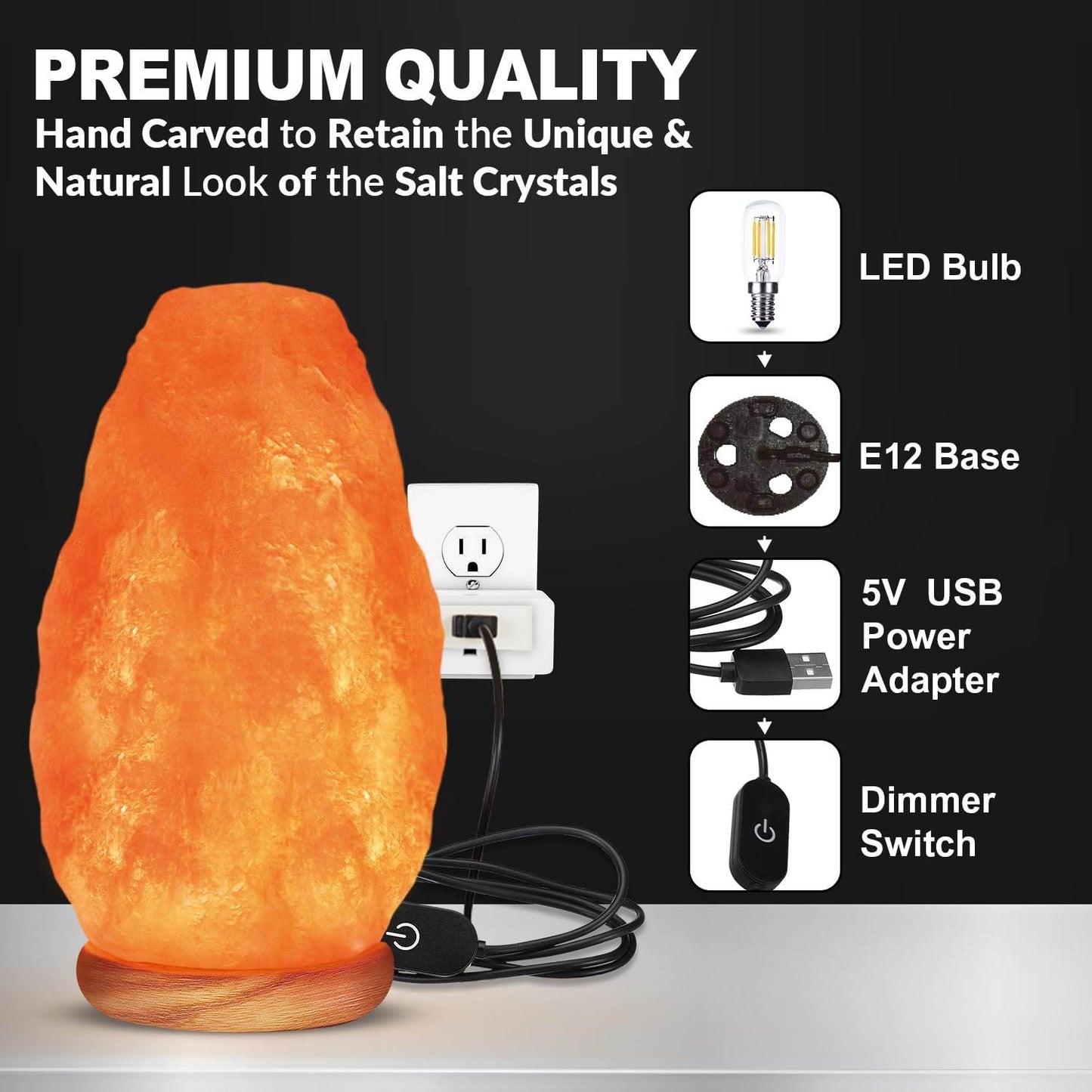 WBM Salt Lamp – USB Himalayan Salt Lamp with Touch Dimmer Control | Wooden Base | LED Bulb | 5-7lbs - zenfulharmony.com