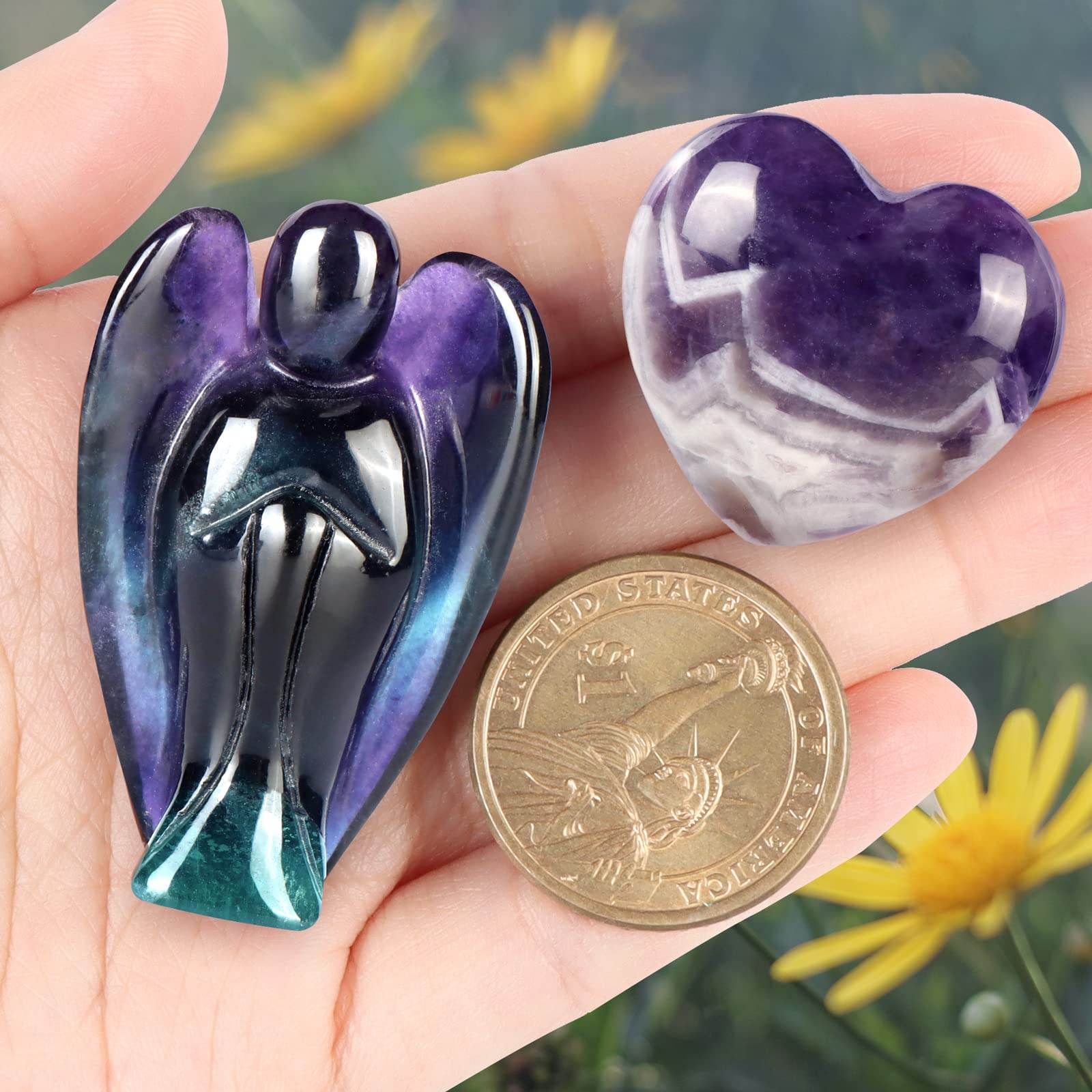 Artistone Rainbow Fluorite Crystal Guardian Angel Statue Amethyst Heart Stone Healing Chakra Set Hand Carved Gemstone Pocket Worry Stones Figurines Healing Reiki Meditation - zenfulharmony.com