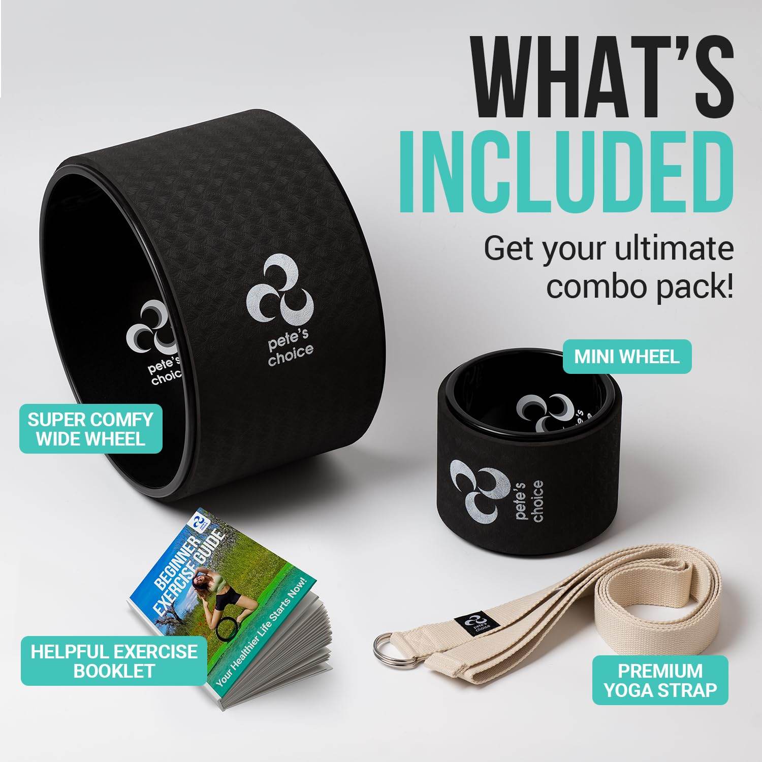 Extra Wide Yoga Wheel + Mini Wheel + Yoga Strap - Exercise booklet included. Home Yoga kit for beginners. Improve posture, better mobility. Relieve Back Pain. Extra Large Jumbo Wheel. Baby Wheel - zenfulharmony.com