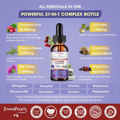 GREENPEOPLE Kidney Cleanse Detox & Repair Drops - 10,000 mg Cranberry 20:1 Extract & 2,500 mg Chanca Piedra for Urinary Tract & Kidney - 27-in-1 Vegan Kidney Support Supplement - Vegan Non-GMO - zenfulharmony.com