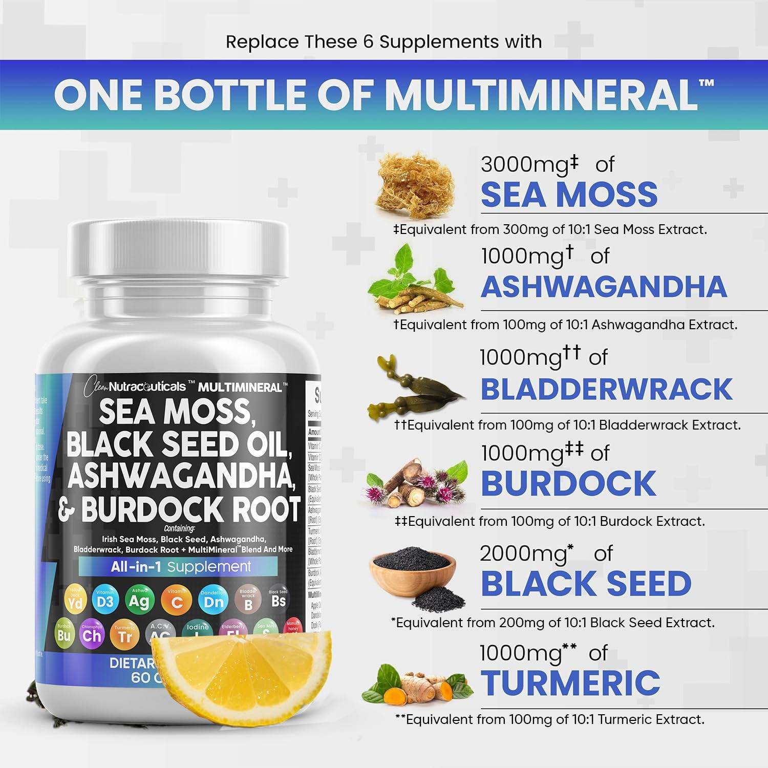 Sea Moss 3000mg Black Seed Oil 2000mg Ashwagandha 1000mg Turmeric 1000mg Bladderwrack 1000mg Burdock 1000mg & Vitamin C & D3 with Elderberry Manuka Dandelion Yellow Dock Iodine Chlorophyll ACV - zenfulharmony.com