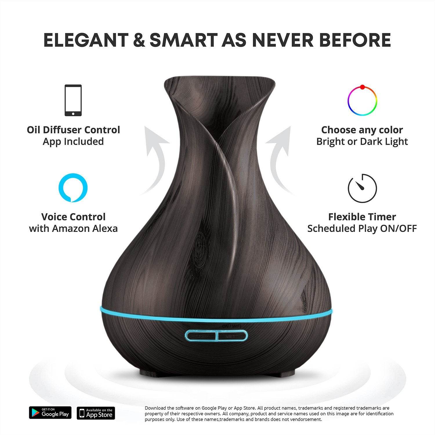 Smart WiFi Wireless Essential Oil Aromatherapy 400ml Ultrasonic Diffuser & Humidifier with Alexa & Google Home Phone App & Voice Control - Create Schedules - LED & Timer Settings Dark Brown - zenfulharmony.com