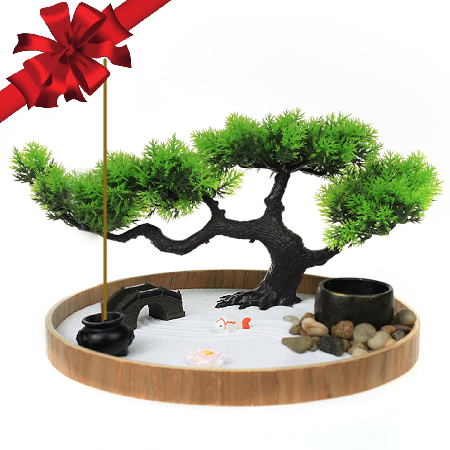 Japanese Zen Garden for Desk - Zen Garden Sand Kit, Artificial Bonsai Tree, Rakes & Accessories - Japanese Decor Office Home Desktop Relaxation Sandbox Decor. 9.5" Inches Wooden Round Tray - zenfulharmony.com