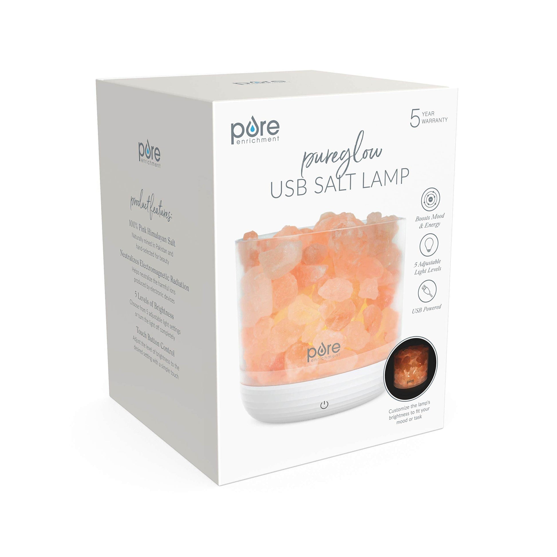 Pure Enrichment PureGlow USB Salt Lamp - Authentic Pink Himalayan Salt Rocks, Light Dimmer with 5 Levels, 2 Bulbs, and USB Power Cable - zenfulharmony.com