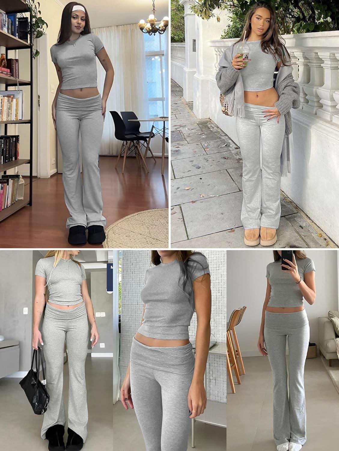 ZFLM Casual Workout Two Piece Outfits for Women Short Sleeve Crop High Waist Foldover Flare Pants Tracksuit Sets Streetwear - zenfulharmony.com