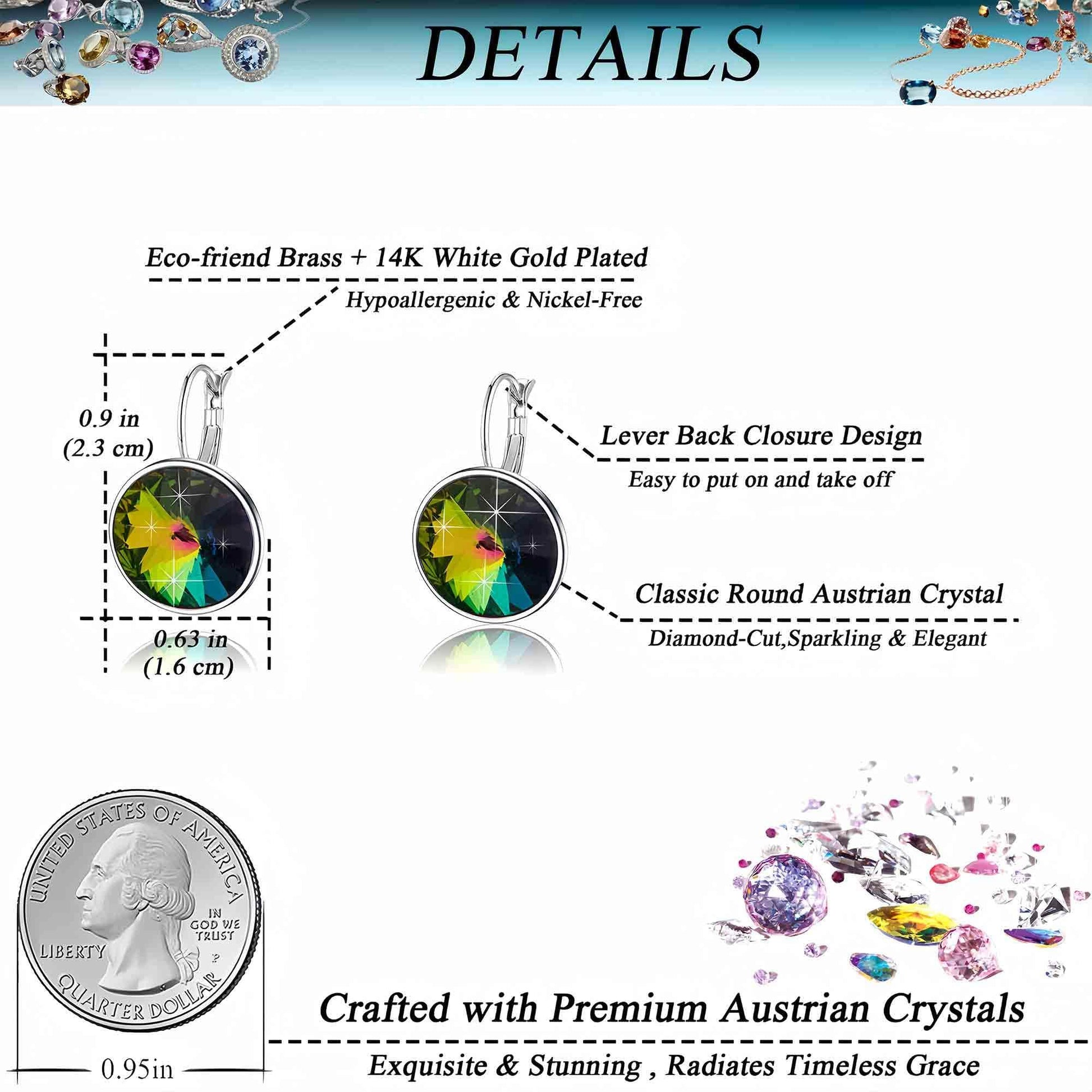 Austrian Crystal Round Drop Leverback Earrings for Women 14K Gold Plated Hypoallergenic Hoop Earrings (Rainbow) - zenfulharmony.com