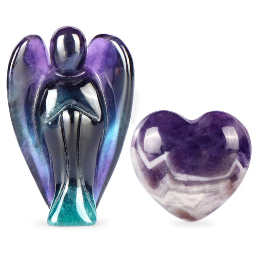 Artistone Rainbow Fluorite Crystal Guardian Angel Statue Amethyst Heart Stone Healing Chakra Set Hand Carved Gemstone Pocket Worry Stones Figurines Healing Reiki Meditation - zenfulharmony.com