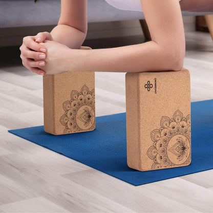 Overmont Cork Yoga Blocks 2 pack with 8ft Strap Set Natural Cork Yoga Bricks- High Density & Eco Friendly Yoga Accessories for Women - Ideal for Yoga Pilates General Fitness and Stretching 9x6x3'' - zenfulharmony.com