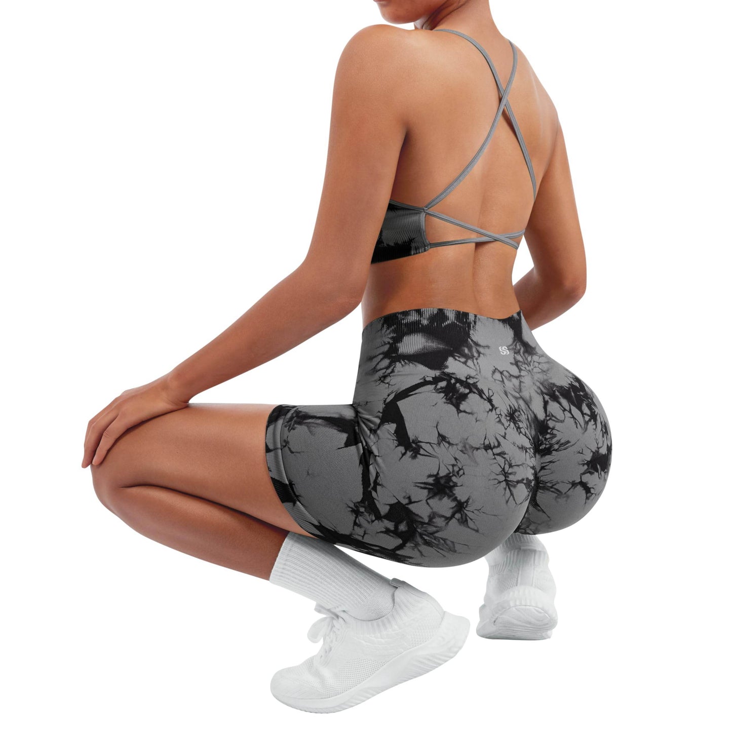 SUUKSESS Women Seamless 2 piece Workout Sets Strappy Padded Sports Bra Booty High Waisted Shorts Outfits (Black Grey,M) - zenfulharmony.com