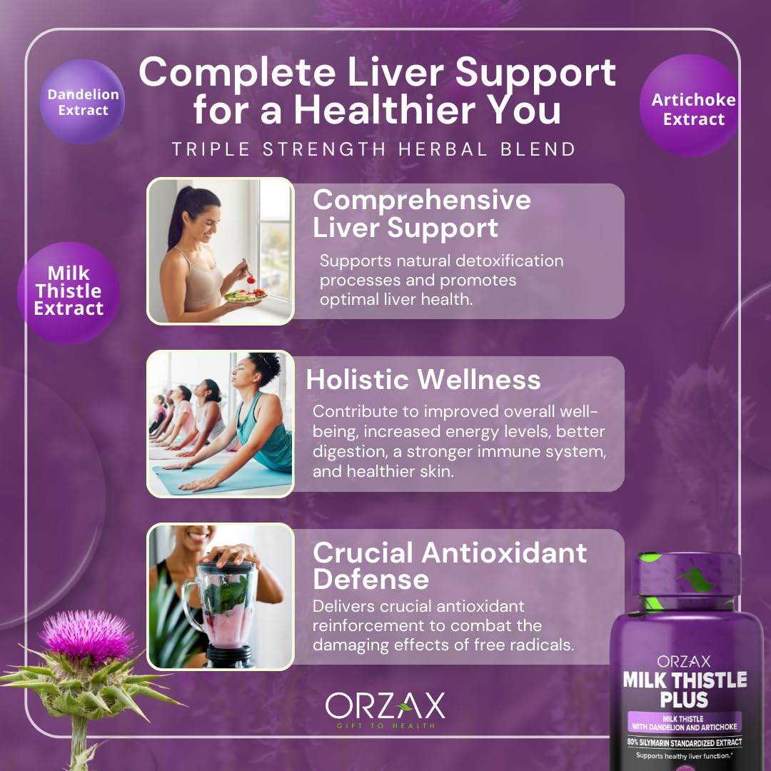 ORZAX Milk Thistle 250 mg - Herbal Supplement with 80% Silymarin Supplement, Dandelion, Artichoke Extract - Halal and Dairy-Free - 120 Vegetable Capsules - zenfulharmony.com