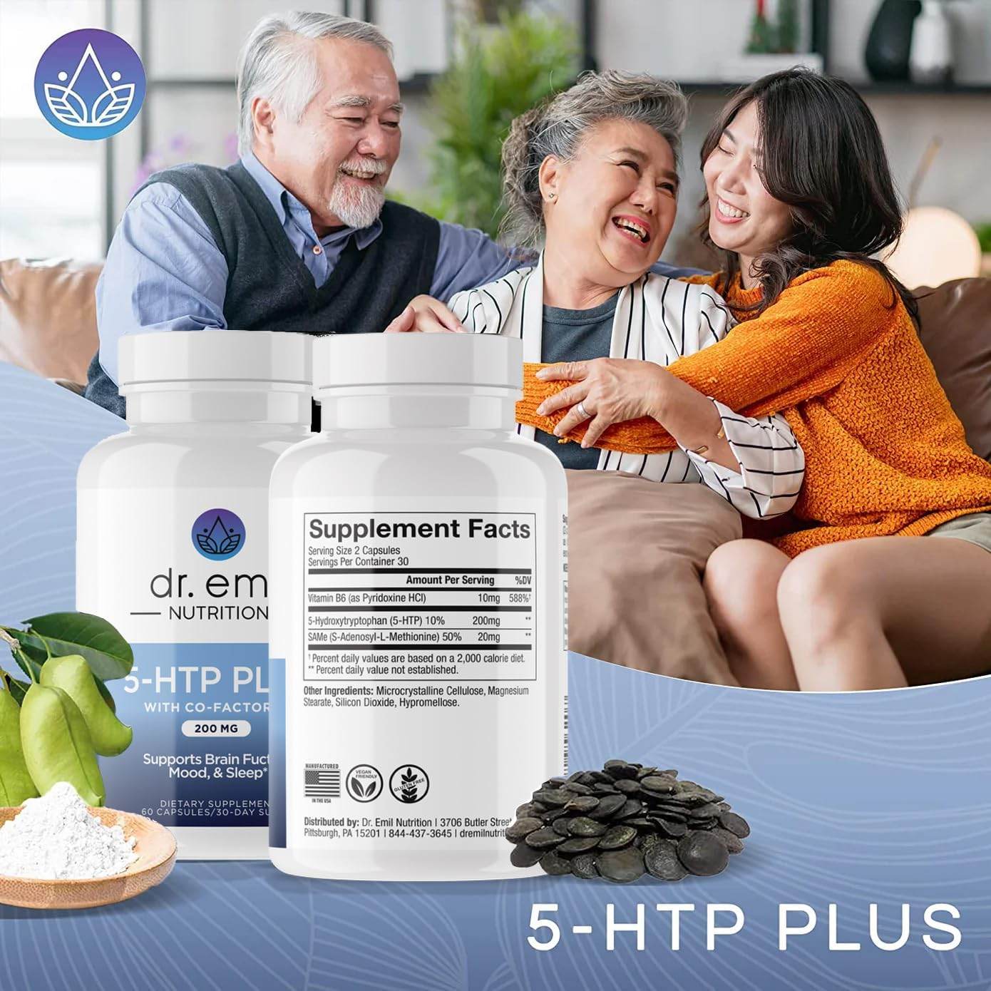 DR. EMIL NUTRITION 200 MG 5-HTP Plus with SAM-e to Maintain Normal Healthy Sleep and Create a Sense of Wellbeing - 5HTP Supplement with Vitamin B6-60 Vegan Capsules, 30 Servings - zenfulharmony.com