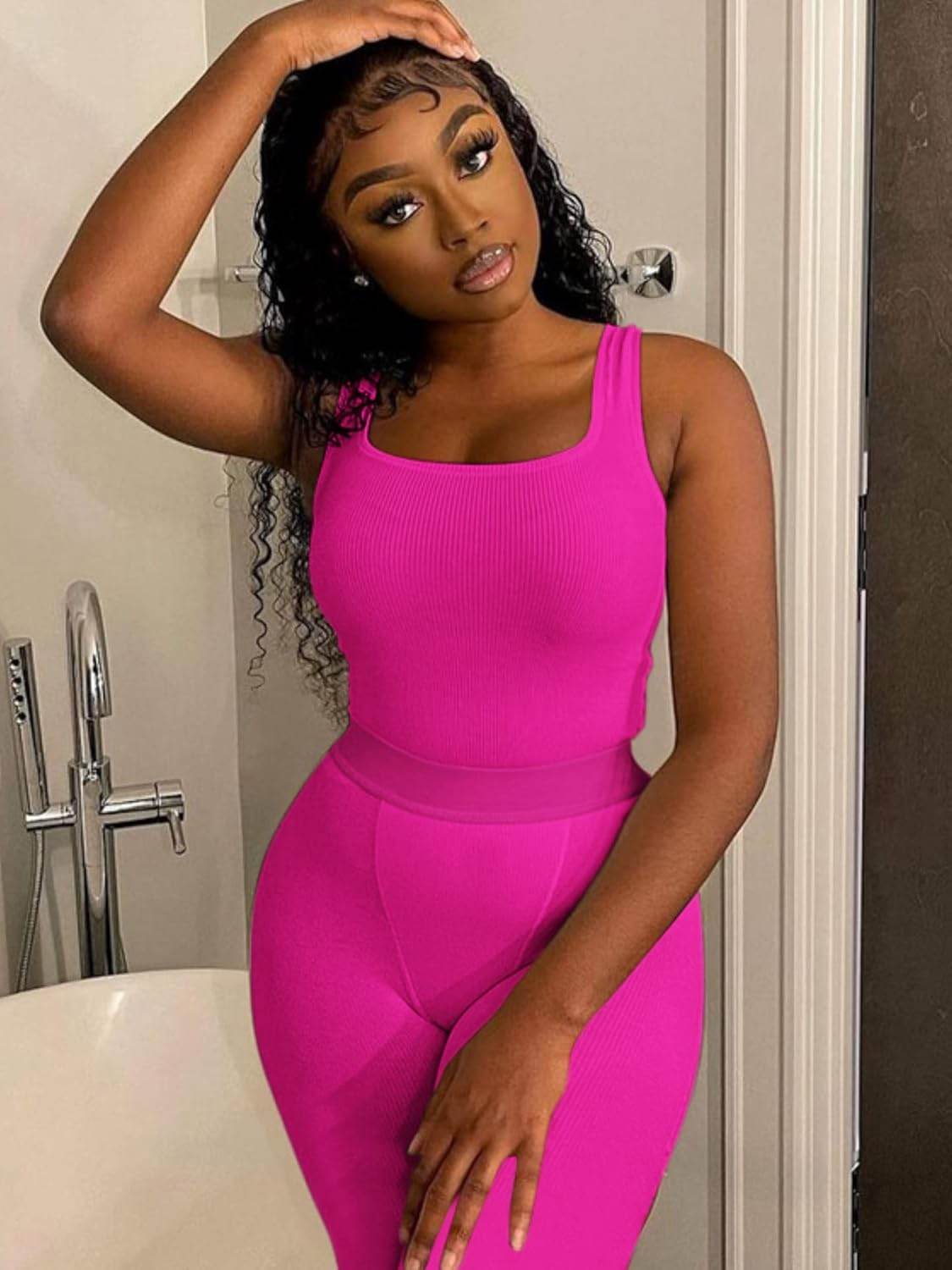 AYWA Casual Workout Sets Two Piece Outfits for Women Ribbed Crop Tank Top High Waist Leggings Active Wear - zenfulharmony.com