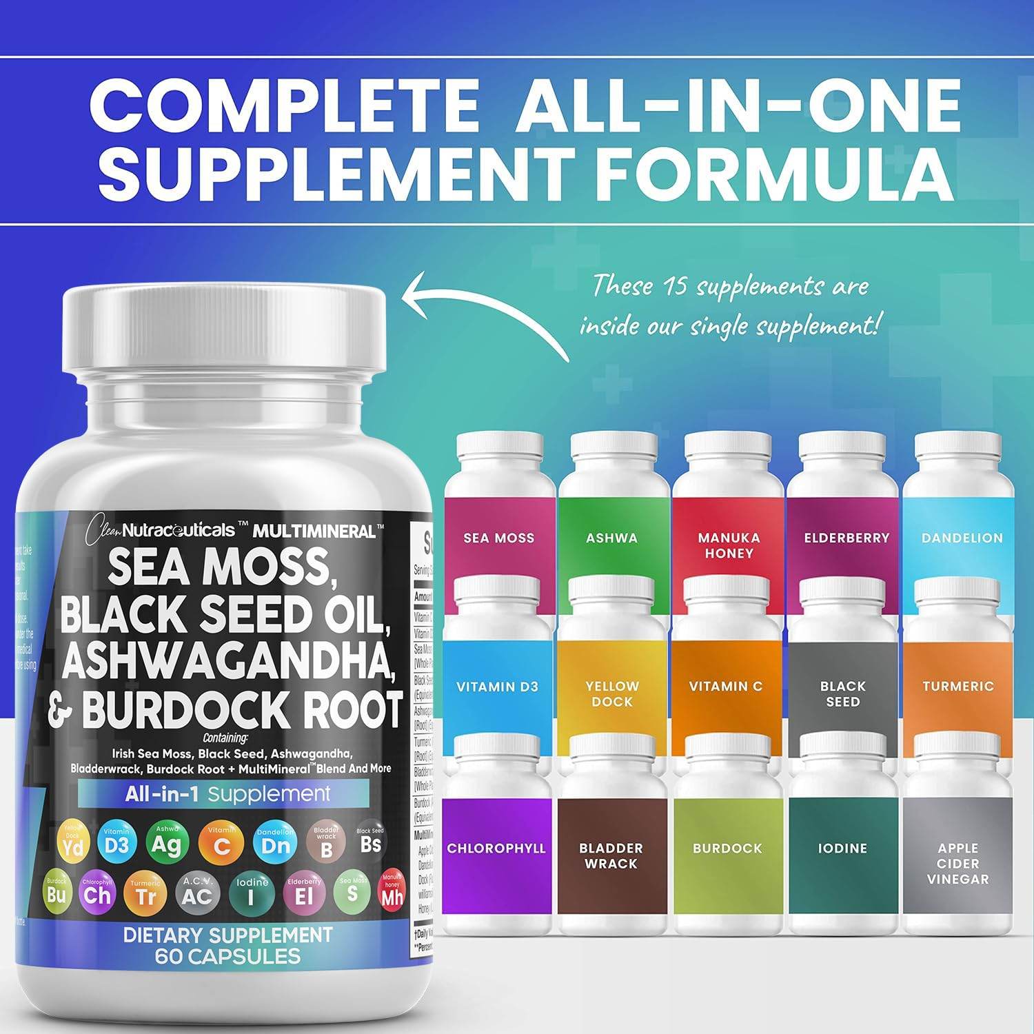 Sea Moss 3000mg Black Seed Oil 2000mg Ashwagandha 1000mg Turmeric 1000mg Bladderwrack 1000mg Burdock 1000mg & Vitamin C & D3 with Elderberry Manuka Dandelion Yellow Dock Iodine Chlorophyll ACV - zenfulharmony.com