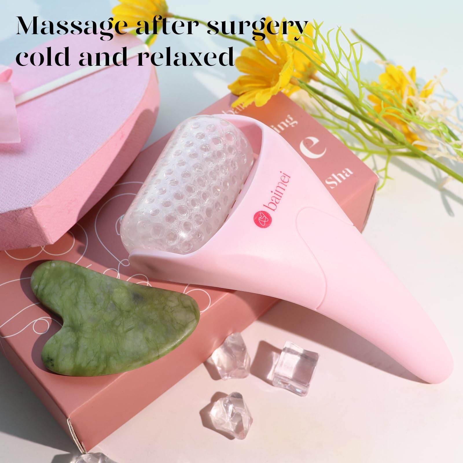 BAIMEI IcyMe Ice Roller for Face Women and Gua Sha Facial Tool Set, Ice Face Roller Reduces Puffiness, Relieves Migraines, Skin Care Tools, Self Care Gift for Women - Pink - zenfulharmony.com