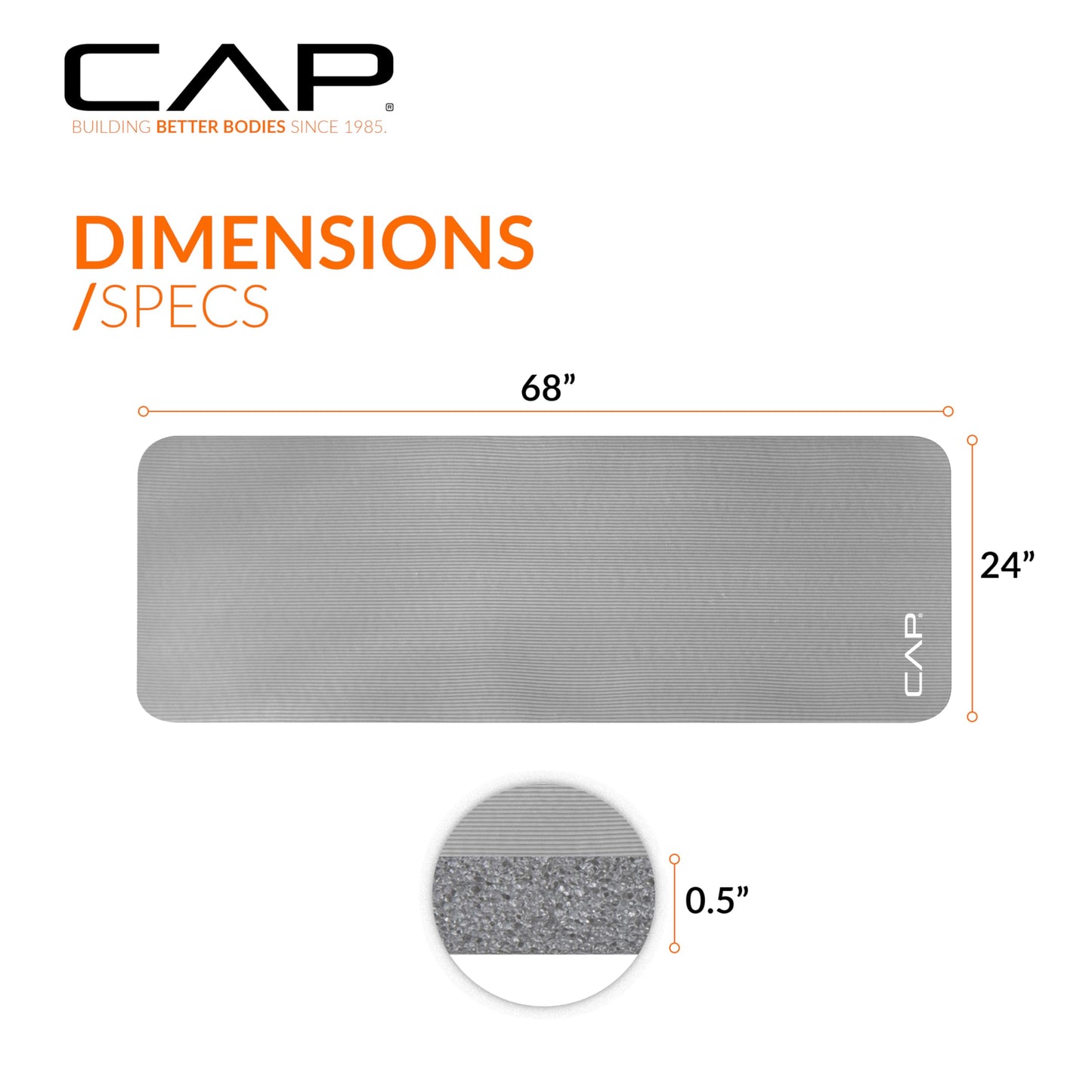 CAP Barbell High Density Exercise Mat with strap, 68"x24" 12mm - Gray - zenfulharmony.com