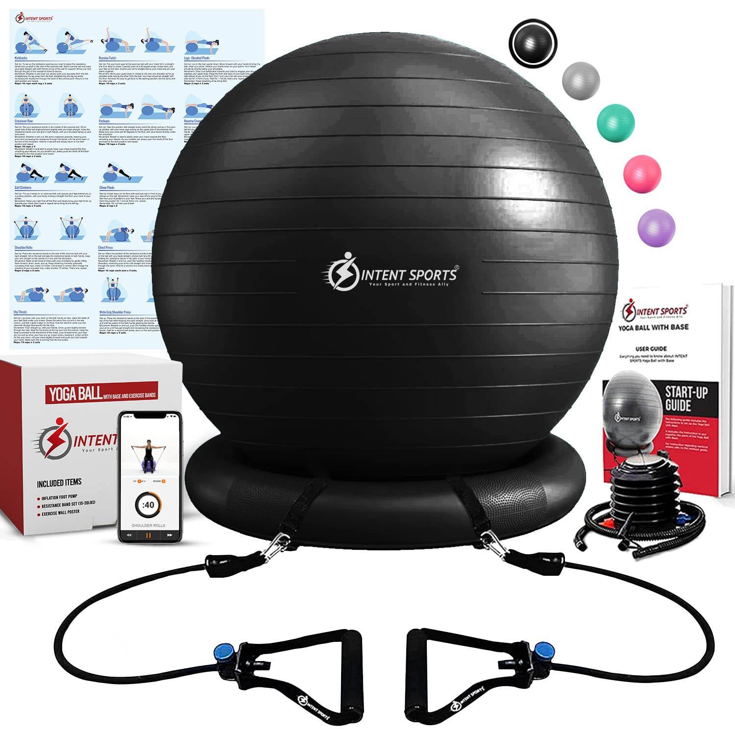 INTENT SPORTS Yoga Ball Chair – Stability Ball with Inflatable Stability Base & Resistance Bands, Fitness Ball for Home Gym, Office, Improves Back Pain, Core, Posture & Balance (65 cm)(Black) - zenfulharmony.com