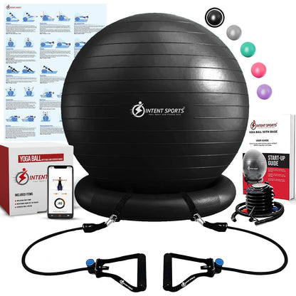 INTENT SPORTS Yoga Ball Chair – Stability Ball with Inflatable Stability Base & Resistance Bands, Fitness Ball for Home Gym, Office, Improves Back Pain, Core, Posture & Balance (65 cm)(Black) - zenfulharmony.com