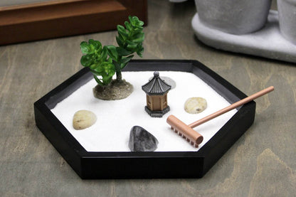 Nature's Mark Mini Zen Garden Kit for Desk with Rake, White Sand, Miniature Pagoda Figure, Black Hexagon Base, River Rocks, Miniature Succulent - zenfulharmony.com