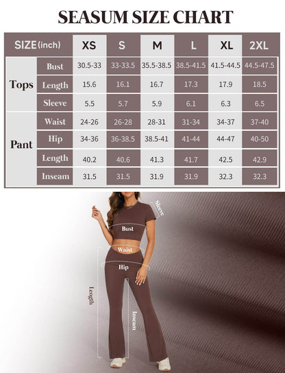 SEASUM Women 2 Piece Y2K Casual Workout Outfits Short Sleeve Crop Tops Fold over Yoga Pants Tracksuit Streetwear Lounge Sets Coconut Brown XS - zenfulharmony.com