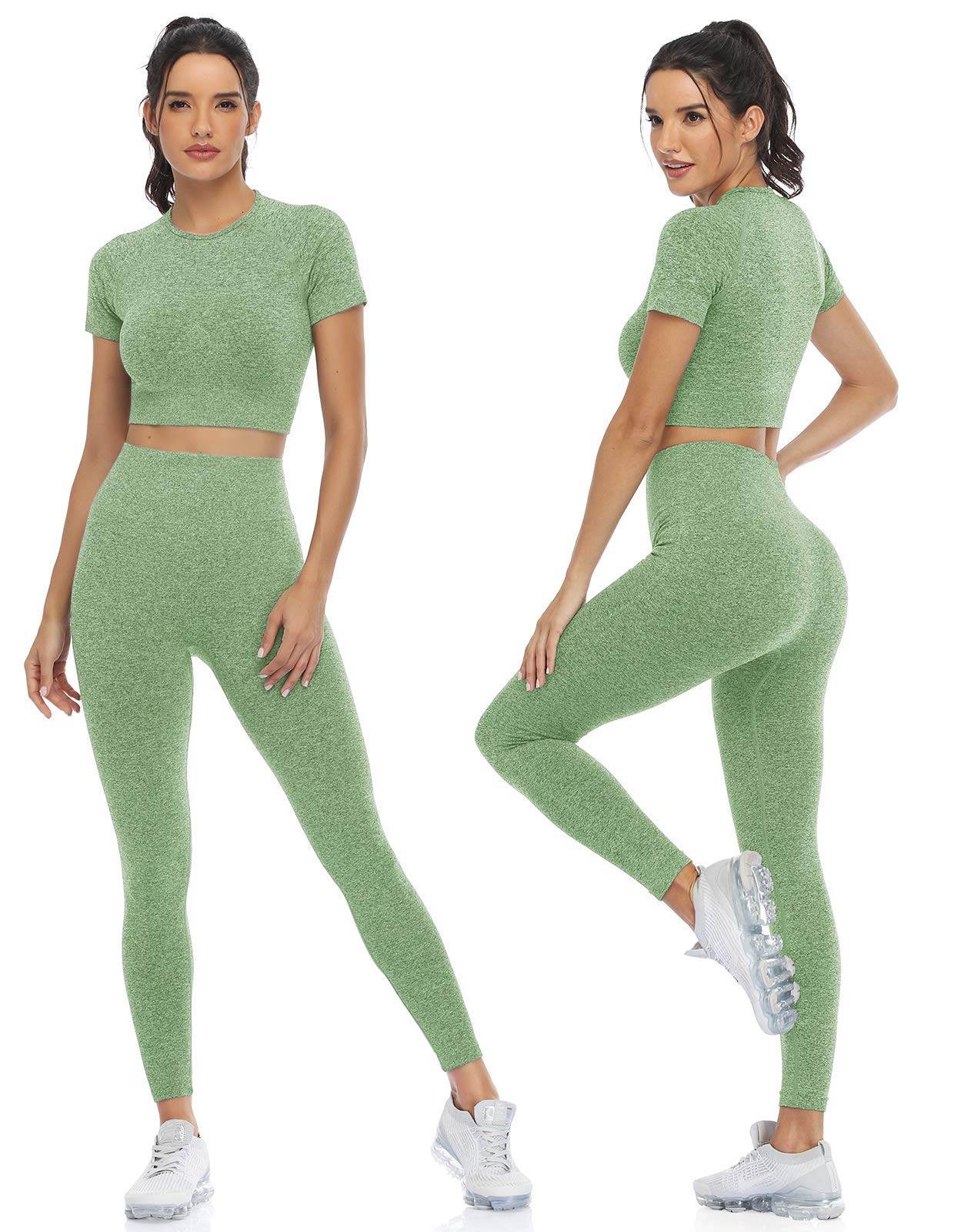 PINKSAVIOR Workout Sets for Women Two Piece Outfits Seamless High Waist Leggings Yoga Crop Tops Athletic Sports Gym Sets(P005M-Avocado - zenfulharmony.com