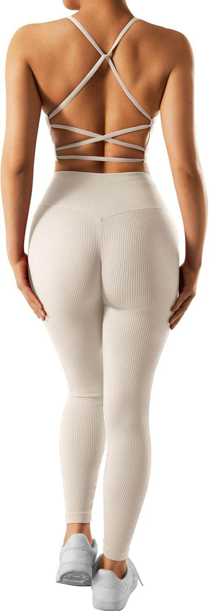 RXRXCOCO Ribbed Workout Sets for Women 2 Piece Backless Strappy Sports Bra Seamless Leggings Matching Set Yoga Outfits - zenfulharmony.com