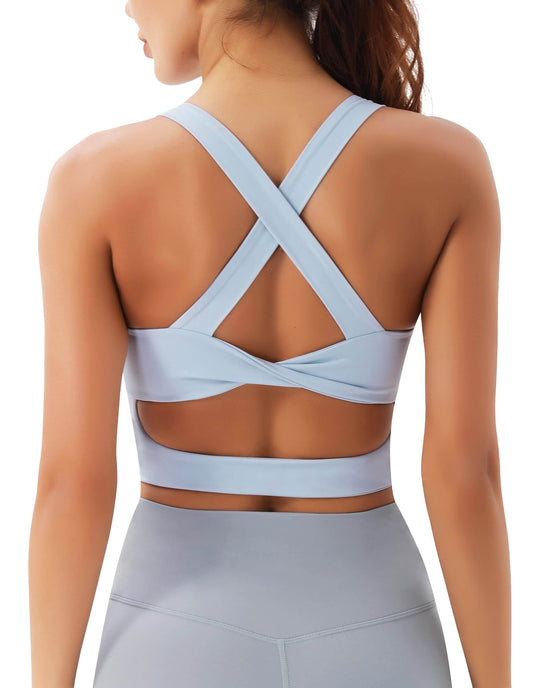 JOYSPELS Sports Bras for Women Extra Comfort Criss-Cross Back Padded Workout Tops for Women Medium Support Light Blue - zenfulharmony.com