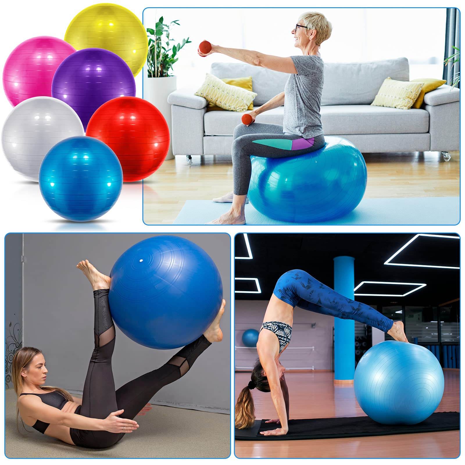 Jexine 6 Pcs Yoga Ball Exercise Ball PVC Stability Balance Yoga Ball Chair Quick Pump for Physical Workout Pregnancy Home Office Gym Equipment (Colorful,25.59 Inch) - zenfulharmony.com