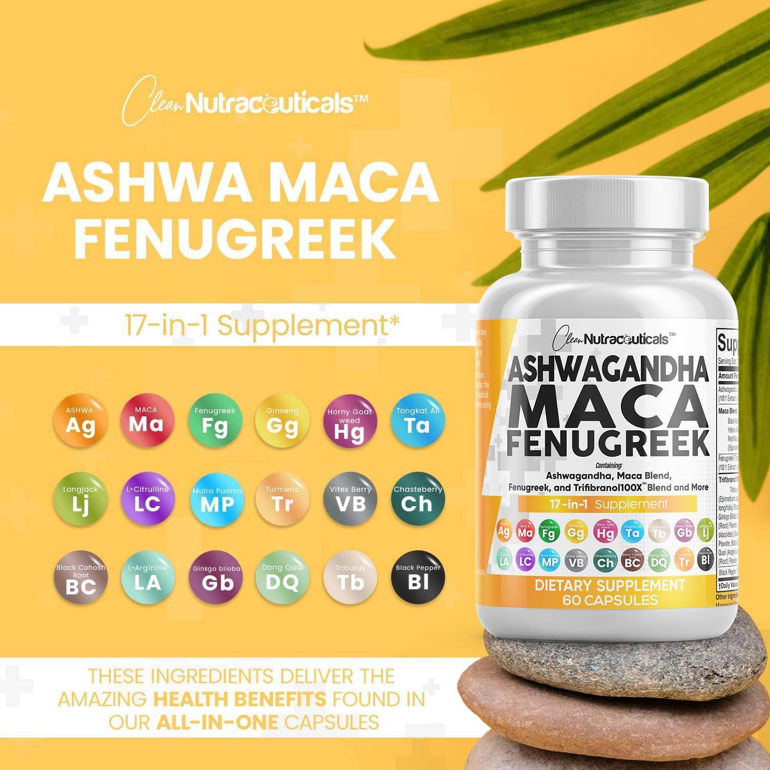Clean Nutraceuticals Ashwagandha 5000mg Maca Root 2000mg Fenugreek 3000mg Supplement with Tongkat Ali Ginseng - Assists with Stress, Mood & Thyroid - Ashwagandha Capsules Fenugreek Caps - 60 Count - zenfulharmony.com