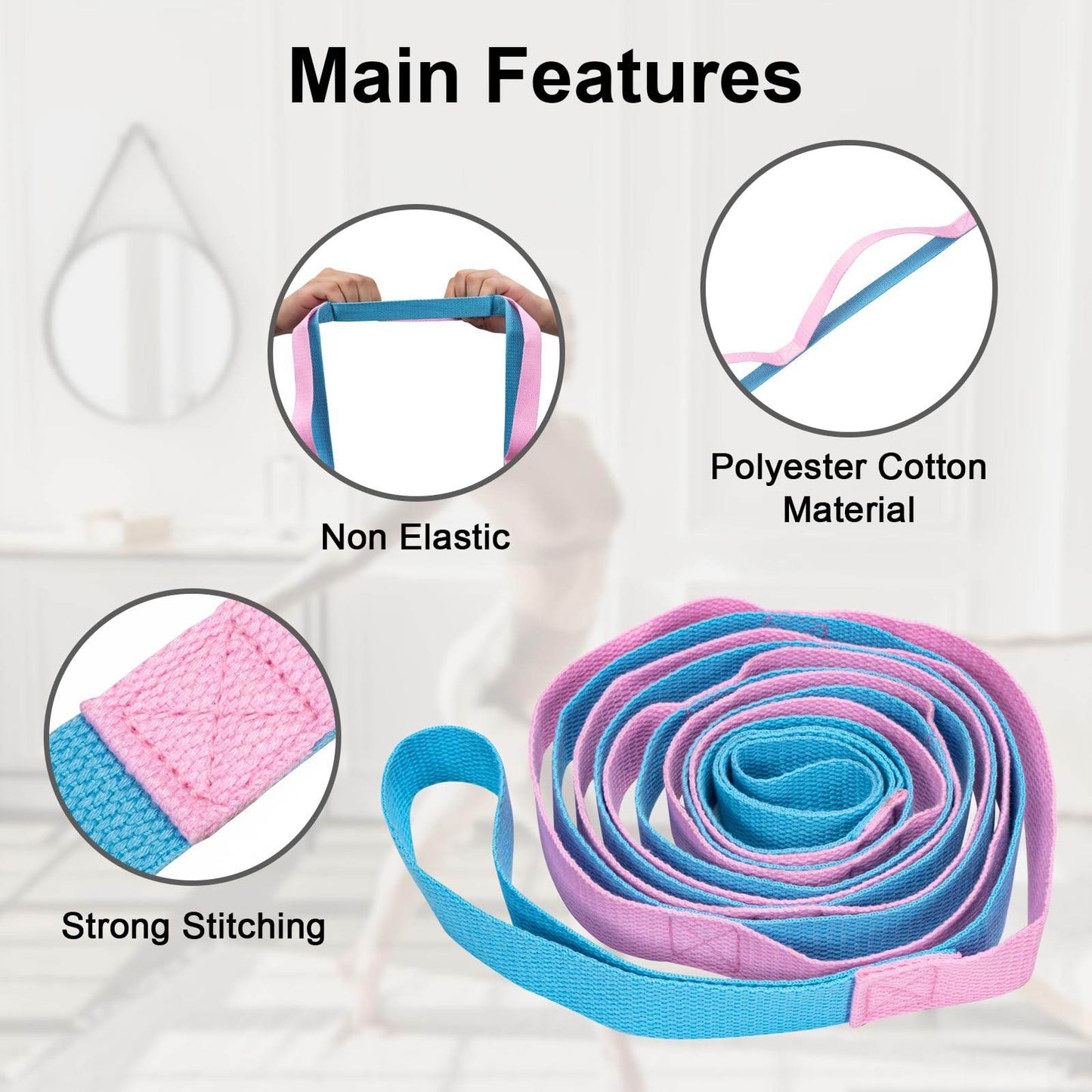 Amrules Yoga Strap for Stretching with 10 Loops Inelastic Soft Polyester Cotton Stretch Out Band for Exercise, Yoga, Pilates and Dance for Men and Women, Pink - zenfulharmony.com