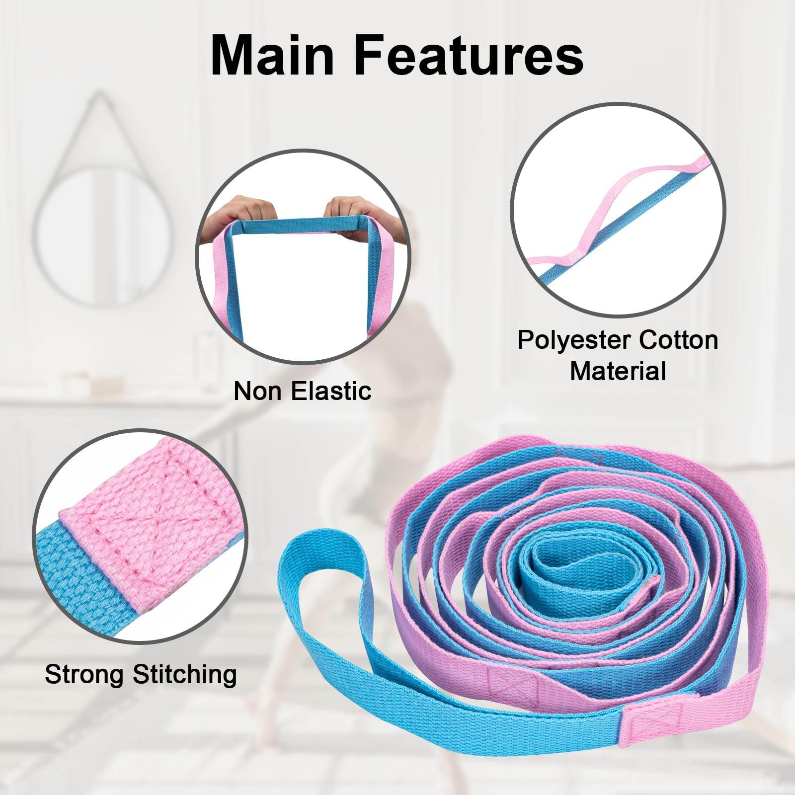 Amrules Yoga Strap for Stretching with 10 Loops Inelastic Soft Polyester Cotton Stretch Out Band for Exercise, Yoga, Pilates and Dance for Men and Women, Pink - zenfulharmony.com