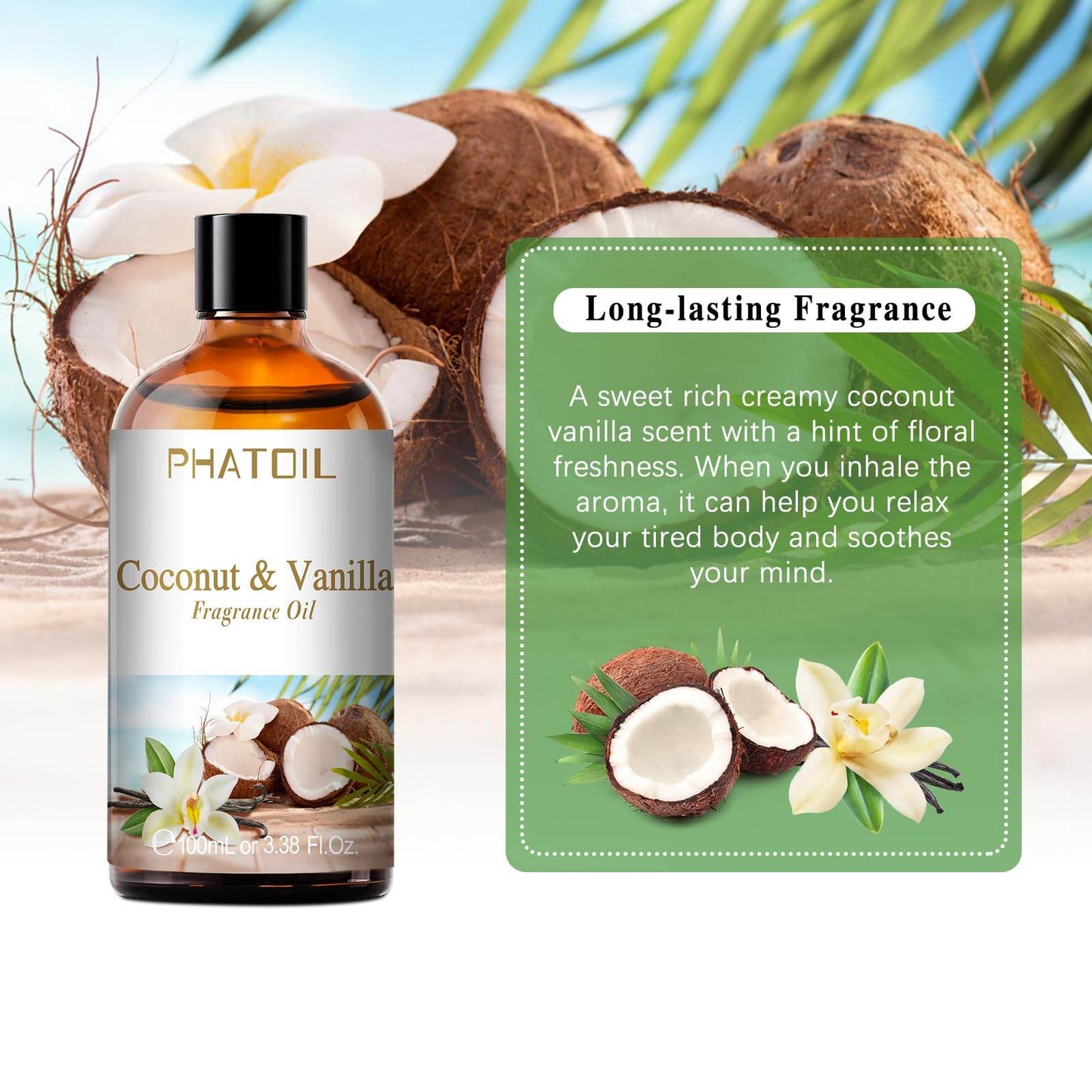 PHATOIL 3.38FL.OZ Coconut & Vanilla Fragrance Oils for Aromatherapy, Essential Oils for Diffusers for Home, Perfect for Diffuser, Yoga, DIY Candle and Soap Making - 100ml - zenfulharmony.com