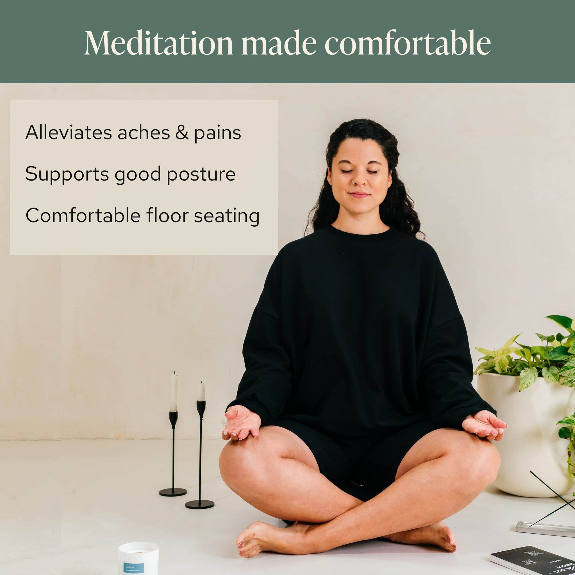 Mindful & Modern Large Meditation Cushion | Zafu Yoga Bolster Meditation Floor Pillow Seat | Buckwheat Hull Filled Crescent Shaped Cushion with Removable Washable Cover + Carry Handle (Minimal Black) - zenfulharmony.com