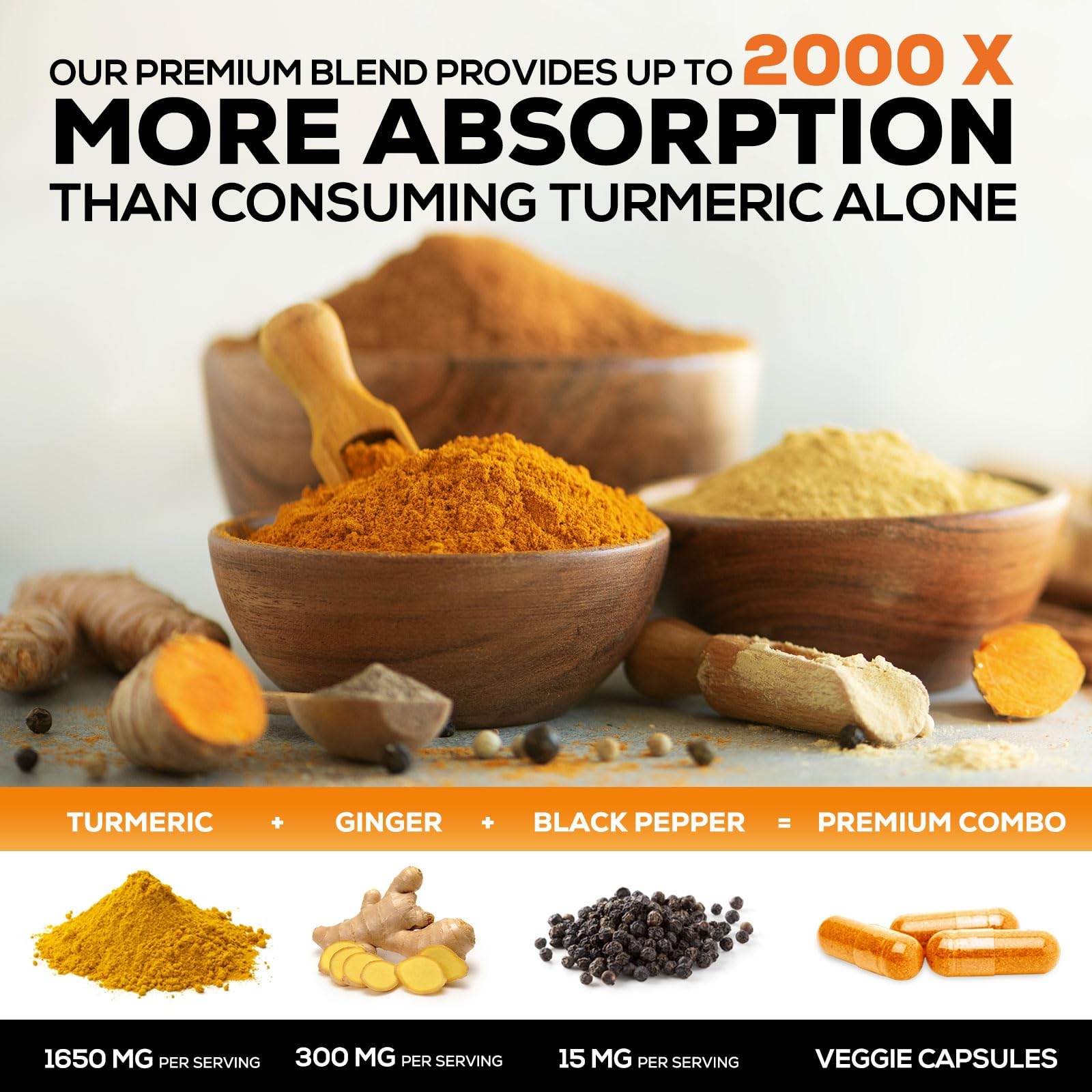 Turmeric Curcumin Supplement 1950mg with Organic Turmeric & Ginger, 95% Curcuminoids, BioPerine Black Pepper for Best Absorption, Nature's Vegan Joint Support, Non-GMO, Bottled in USA - 240 Capsules - zenfulharmony.com
