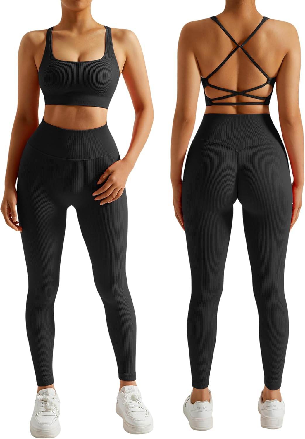 RXRXCOCO Ribbed Workout Sets for Women 2 Piece Backless Strappy Sports Bra Seamless Leggings Matching Set Yoga Outfits - zenfulharmony.com