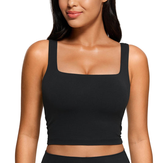 CRZ YOGA Butterluxe Womens Square Neck Longline Sports Bra - Workout Crop Tank Tops Padded with Built in Shelf Yoga Bra Black Medium - zenfulharmony.com