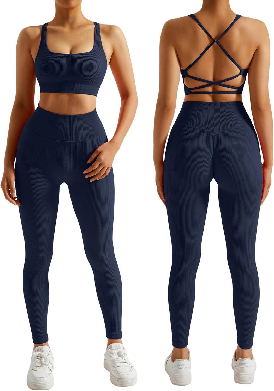 RXRXCOCO Ribbed Workout Sets for Women 2 Piece Backless Strappy Sports Bra Seamless Leggings Matching Set Yoga Outfits - zenfulharmony.com