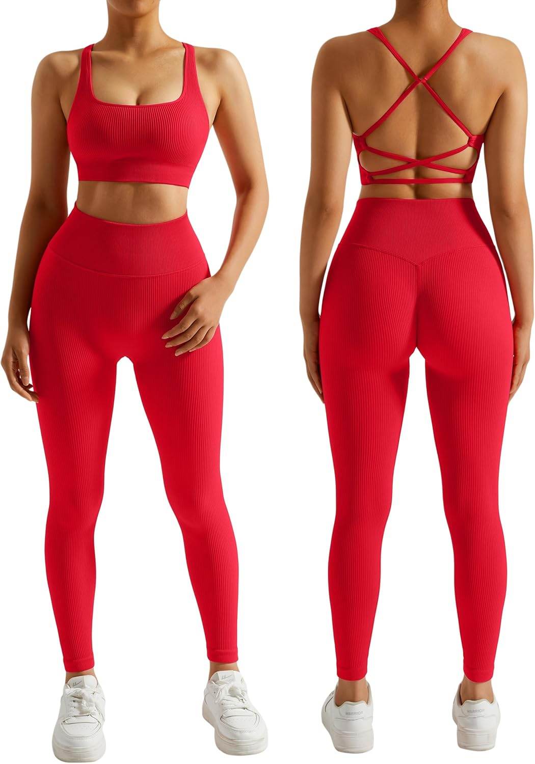 RXRXCOCO Ribbed Workout Sets for Women 2 Piece Backless Strappy Sports Bra Seamless Leggings Matching Set Yoga Outfits - zenfulharmony.com