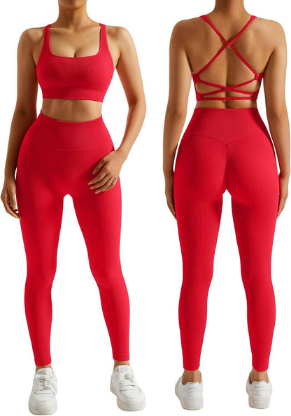 RXRXCOCO Ribbed Workout Sets for Women 2 Piece Backless Strappy Sports Bra Seamless Leggings Matching Set Yoga Outfits - zenfulharmony.com