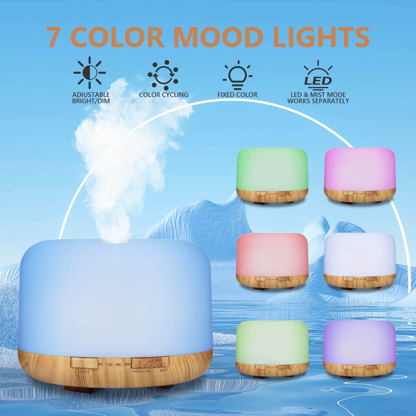 Oil Diffuser, 500ml Essential Oil Diffusers, Aromatherapy Diffuser with 2 Mist Mode 4 Timers＆7 Ambient Light Waterless Auto Off, Diffusers Large Room Home Office - zenfulharmony.com