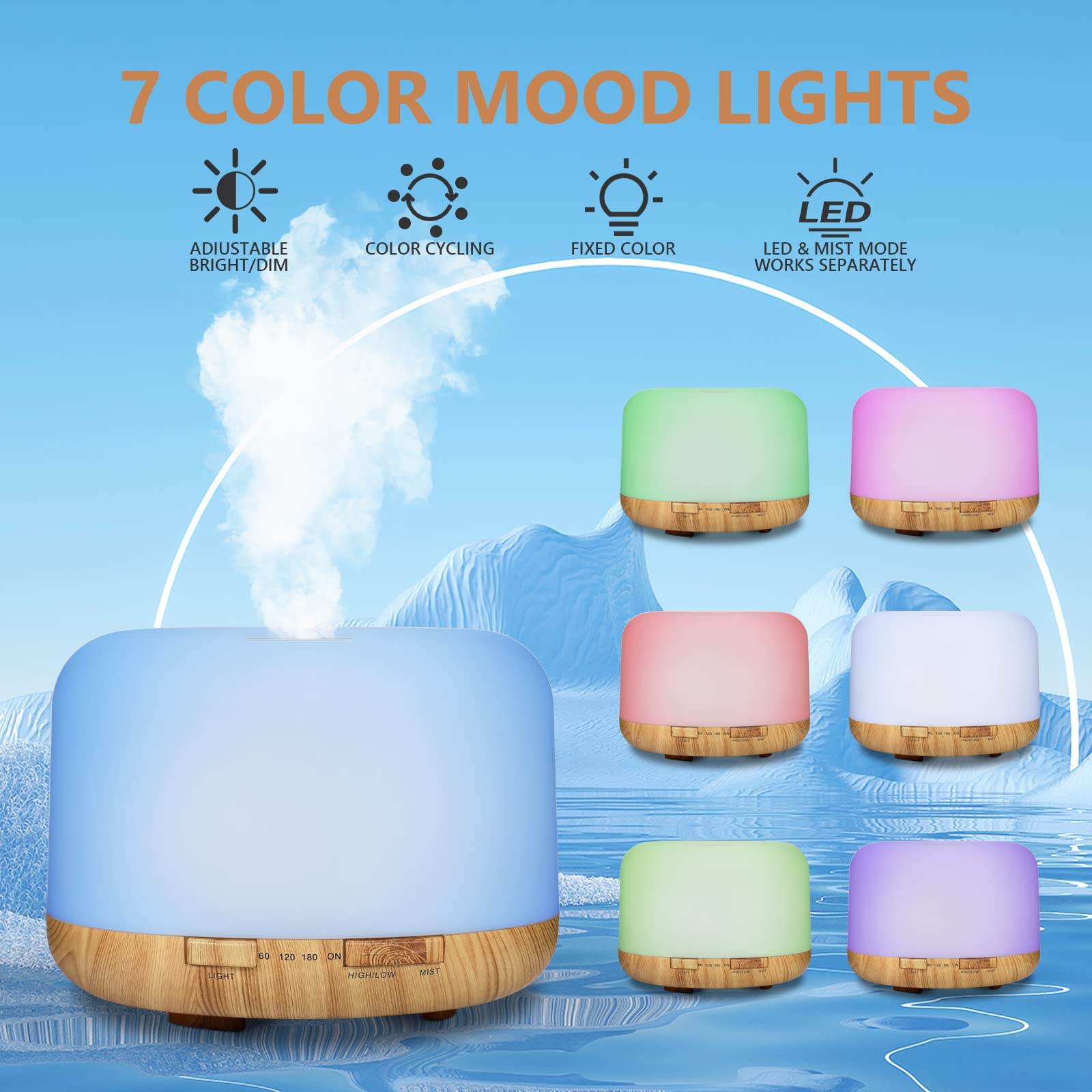 Oil Diffuser, 500ml Essential Oil Diffusers, Aromatherapy Diffuser with 2 Mist Mode 4 Timers＆7 Ambient Light Waterless Auto Off, Diffusers Large Room Home Office - zenfulharmony.com