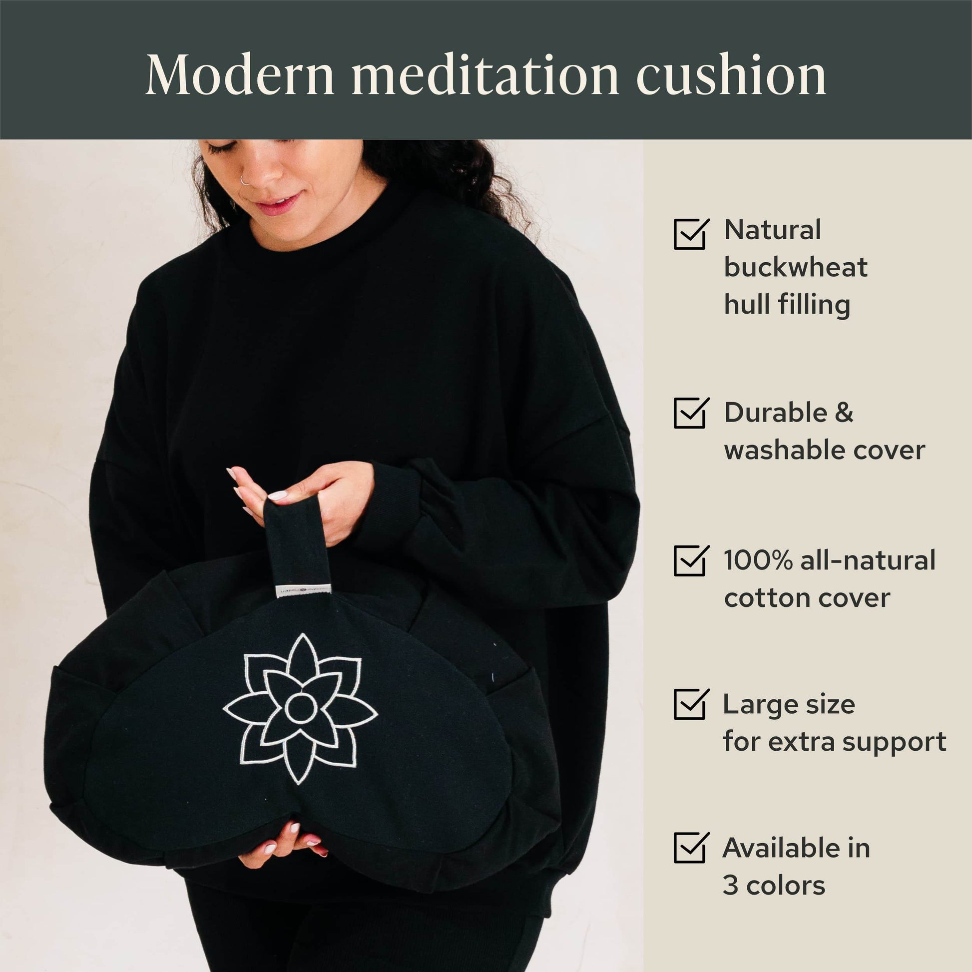 Mindful & Modern Large Meditation Cushion | Zafu Yoga Bolster Meditation Floor Pillow Seat | Buckwheat Hull Filled Crescent Shaped Cushion with Removable Washable Cover + Carry Handle (Minimal Black) - zenfulharmony.com