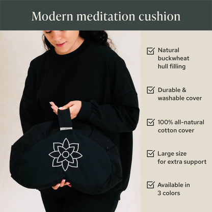 Mindful & Modern Large Meditation Cushion | Zafu Yoga Bolster Meditation Floor Pillow Seat | Buckwheat Hull Filled Crescent Shaped Cushion with Removable Washable Cover + Carry Handle (Minimal Black) - zenfulharmony.com