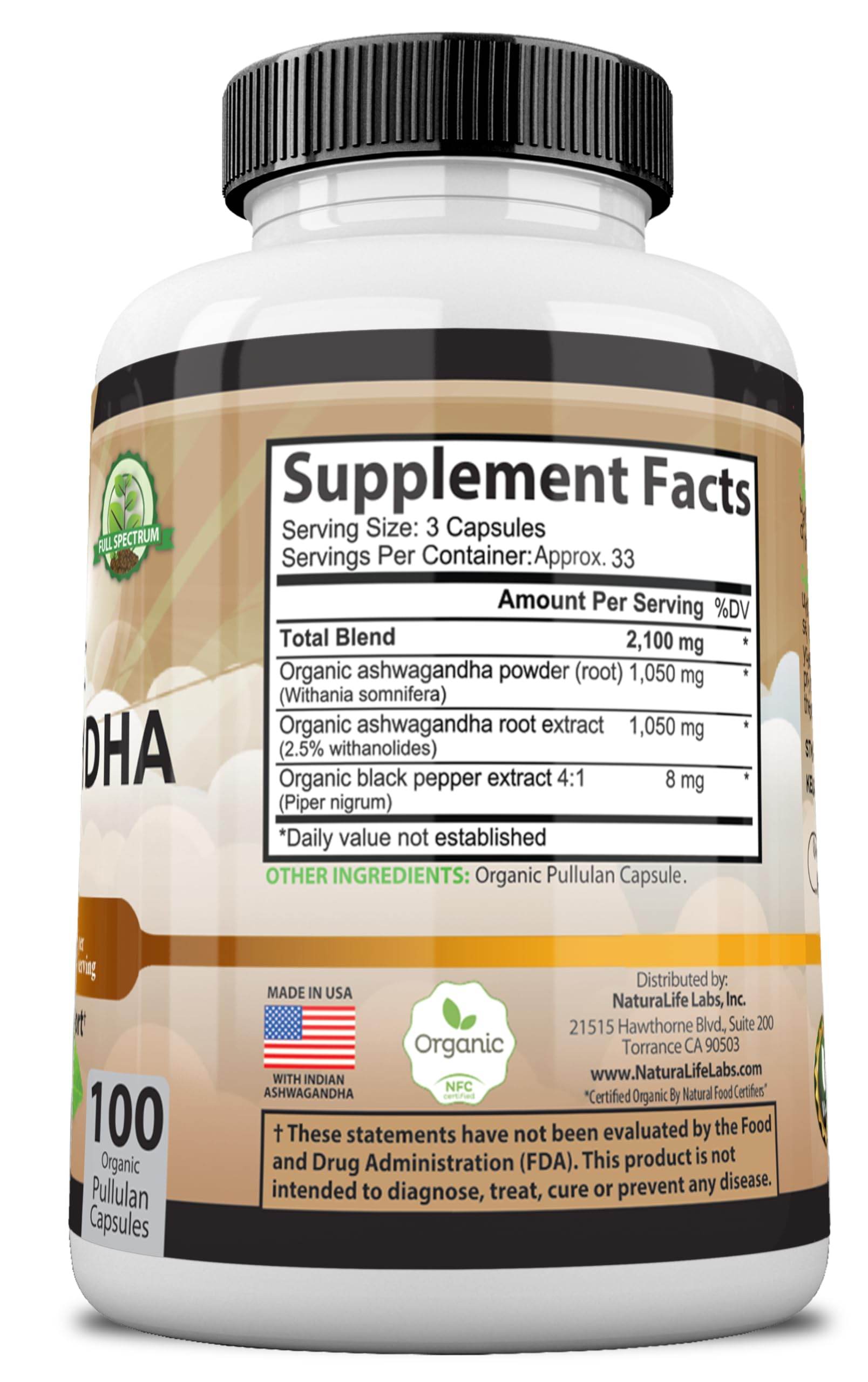 Organic Ashwagandha 2,100 mg - 100 Veggie Capsules Pure Organic Ashwagandha Powder and Root Extract - Stress Relief, Mood Enhancer - zenfulharmony.com