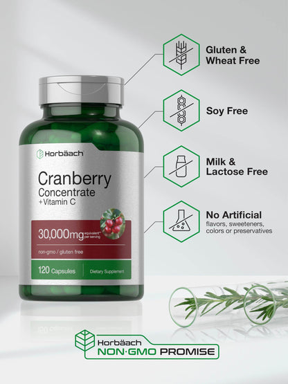 Horbäach Cranberry Pills 30,000mg | 120 Capsules | with Vitamin C | Supplement Contentrate for Women & Men | Vaccinium Macrocarpon | Non-GMO & Gluten Free - zenfulharmony.com