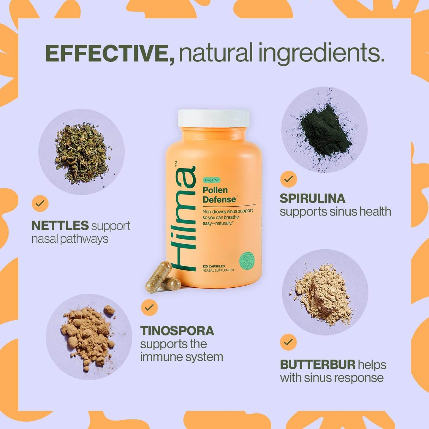 Hilma Natural Sinus Support – All Day Allergy & Sinus Relief from Pollen & Dust w/Butterbur, Stinging Nettles & Spirulina - Non-Drowsy - Organic, Clinically Proven Ingredients - 120 Vegan Capsules - zenfulharmony.com